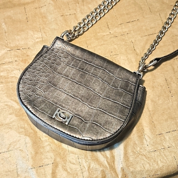 bebe Handbags - Bebe Silver Pewter Faux Leather Baguette Bag